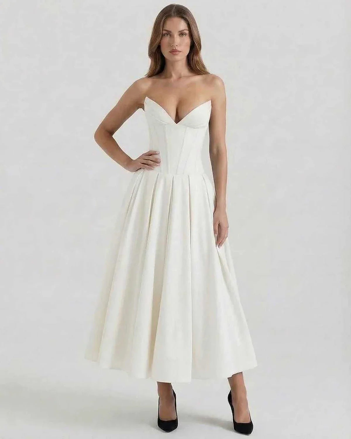 White Velvet A-line Strapless Midi Dress | Evening Events, Party Nights & Daily Wear, front view | Ramblion | SKU: LMD-629837415-white-L-7359,LMD-629837415-white-M-8112,LMD-629837415-white-S-9253,LMD-629837415-white-XL-2500,LMD-629837415-white-XS-3040