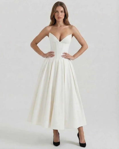 White Velvet A-line Strapless Midi Dress | Evening Events, Party Nights & Daily Wear, front view | Ramblion | SKU: LMD-629837415-white-L-7359,LMD-629837415-white-M-8112,LMD-629837415-white-S-9253,LMD-629837415-white-XL-2500,LMD-629837415-white-XS-3040