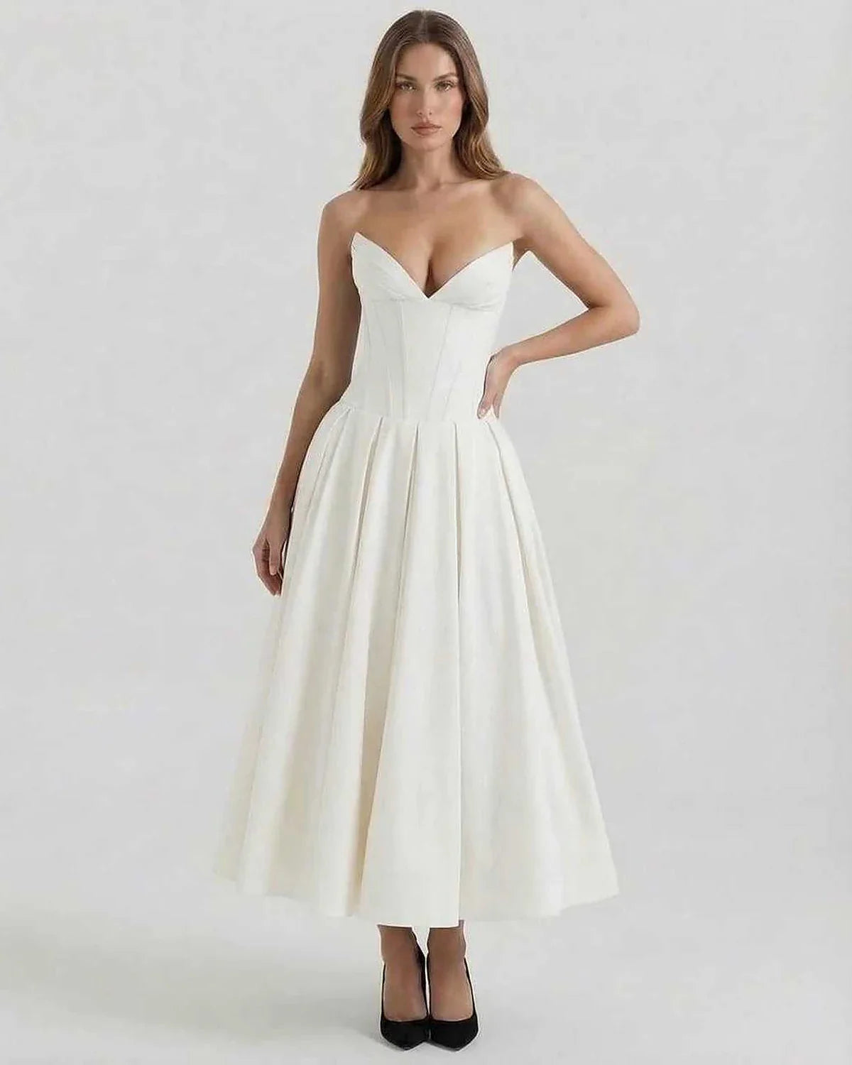 White Velvet A-line Strapless Midi Dress | Evening Events, Party Nights & Daily Wear, front view | Ramblion | SKU: LMD-629837415-white-L-7359,LMD-629837415-white-M-8112,LMD-629837415-white-S-9253,LMD-629837415-white-XL-2500,LMD-629837415-white-XS-3040
