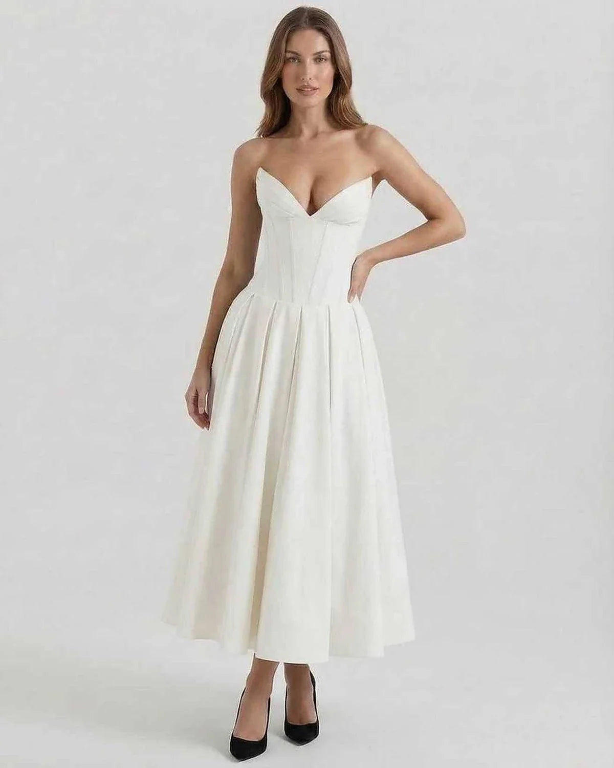 White Velvet A-line Strapless Midi Dress | Evening Events, Party Nights & Daily Wear, front view | Ramblion | SKU: LMD-629837415-white-L-7359,LMD-629837415-white-M-8112,LMD-629837415-white-S-9253,LMD-629837415-white-XL-2500,LMD-629837415-white-XS-3040