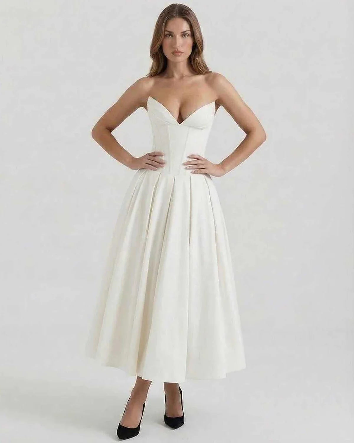 White Velvet A-line Strapless Midi Dress | Evening Events, Party Nights & Daily Wear, front view | Ramblion | SKU: LMD-629837415-white-L-7359,LMD-629837415-white-M-8112,LMD-629837415-white-S-9253,LMD-629837415-white-XL-2500,LMD-629837415-white-XS-3040
