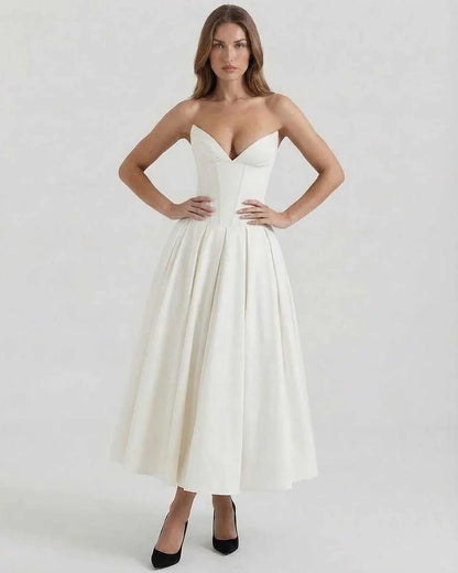 White Velvet A-line Strapless Midi Dress | Evening Events, Party Nights & Daily Wear, front view | Ramblion | SKU: LMD-629837415-white-L-7359,LMD-629837415-white-M-8112,LMD-629837415-white-S-9253,LMD-629837415-white-XL-2500,LMD-629837415-white-XS-3040