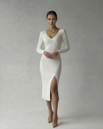 Carp Midi Dress - chic white ribbed knit, V-neck, modern elegance by RAMBLION, perfect for stylish occasions.