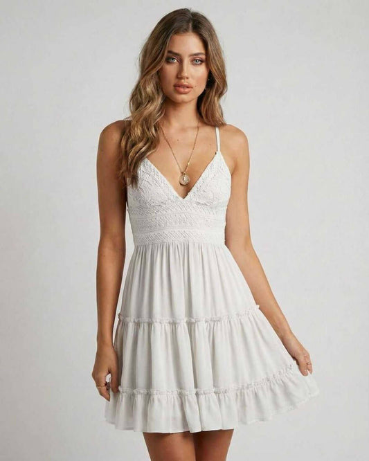 Carp Mini Dress by RAMBLION, white lace bodice, V-neck, soft tiered skirt, perfect for casual occasions.