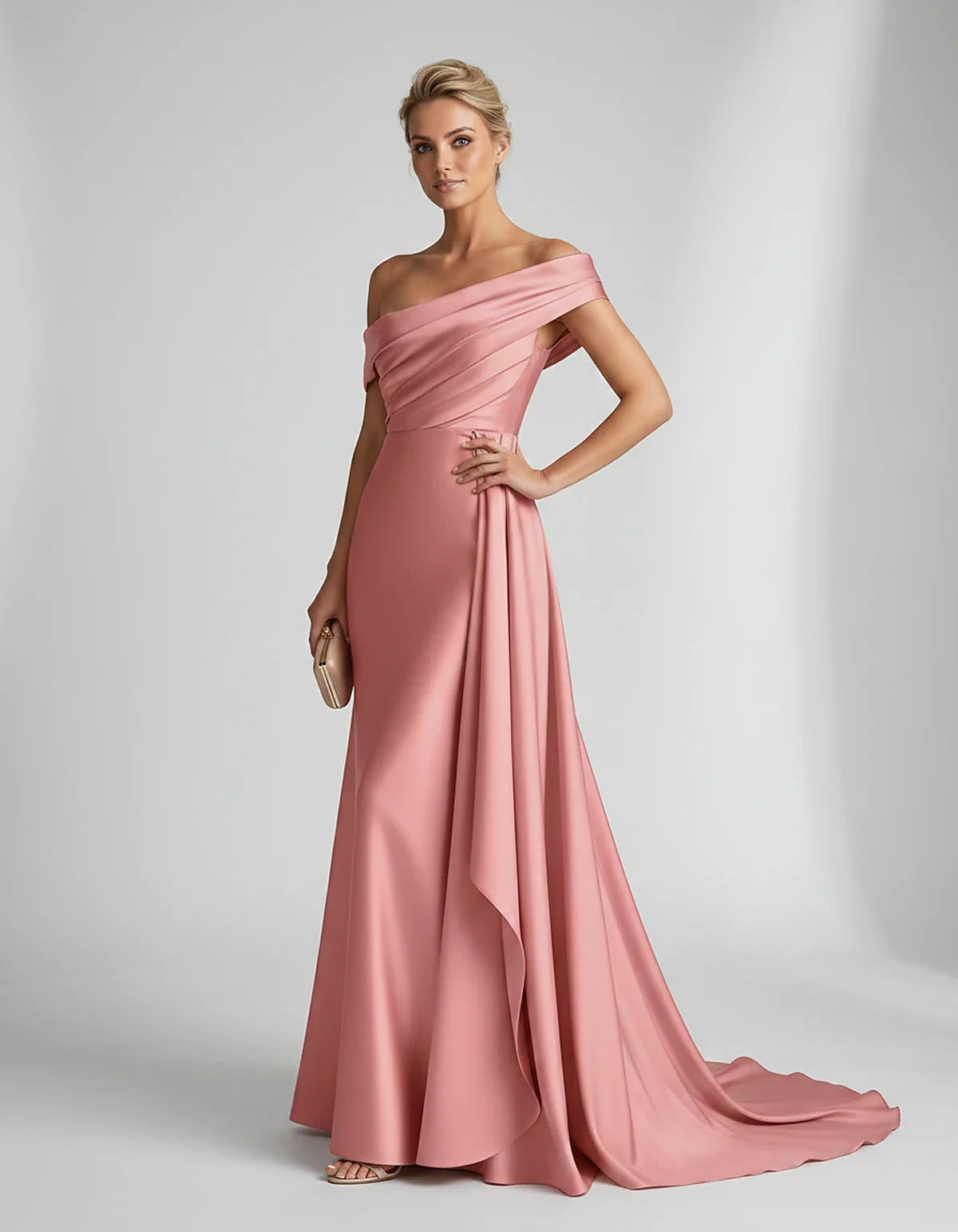 Teal,beige,green,pink,dusty Rose,dusty Blue,coral,blue,gold,lilac,black,plum,burgundy,red,fuchsia,brown Satin Mermaid V-Neck | SKU: VM-584920173641258-CORAL-L,VM-584920173641258-CORAL-M,VM-584920173641258-CORAL-S,VM-584920173641258-CORAL-XL,VM-584920173641258-CORAL-XS