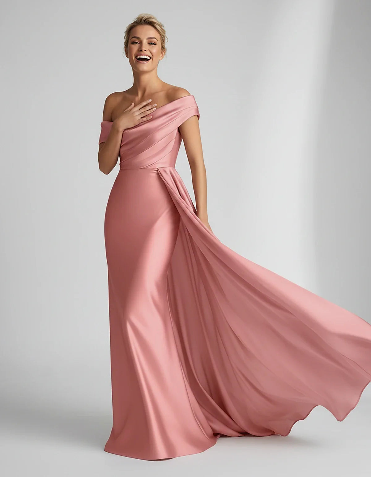 Teal,beige,green,pink,dusty Rose,dusty Blue,coral,blue,gold,lilac,black,plum,burgundy,red,fuchsia,brown Satin Mermaid V-Neck | SKU: VM-584920173641258-CORAL-L,VM-584920173641258-CORAL-M,VM-584920173641258-CORAL-S,VM-584920173641258-CORAL-XL,VM-584920173641258-CORAL-XS