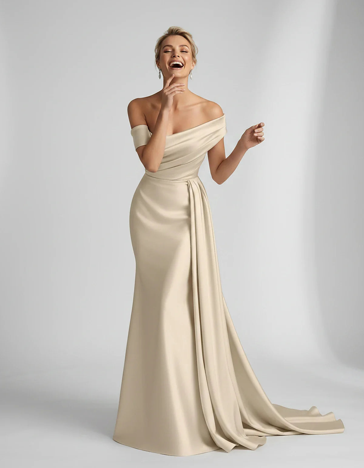 Teal,beige,green,pink,dusty Rose,dusty Blue,coral,blue,gold,lilac,black,plum,burgundy,red,fuchsia,brown Satin Mermaid V-Neck | SKU: VM-584920173641258-BEIGE-L,VM-584920173641258-BEIGE-M,VM-584920173641258-BEIGE-S,VM-584920173641258-BEIGE-XL,VM-584920173641258-BEIGE-XS