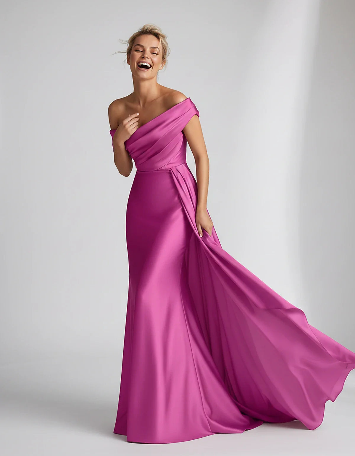 Teal,beige,green,pink,dusty Rose,dusty Blue,coral,blue,gold,lilac,black,plum,burgundy,red,fuchsia,brown Satin Mermaid V-Neck | SKU: VM-584920173641258-FUCHSIA-L,VM-584920173641258-FUCHSIA-M,VM-584920173641258-FUCHSIA-S,VM-584920173641258-FUCHSIA-XL,VM-584920173641258-FUCHSIA-XS