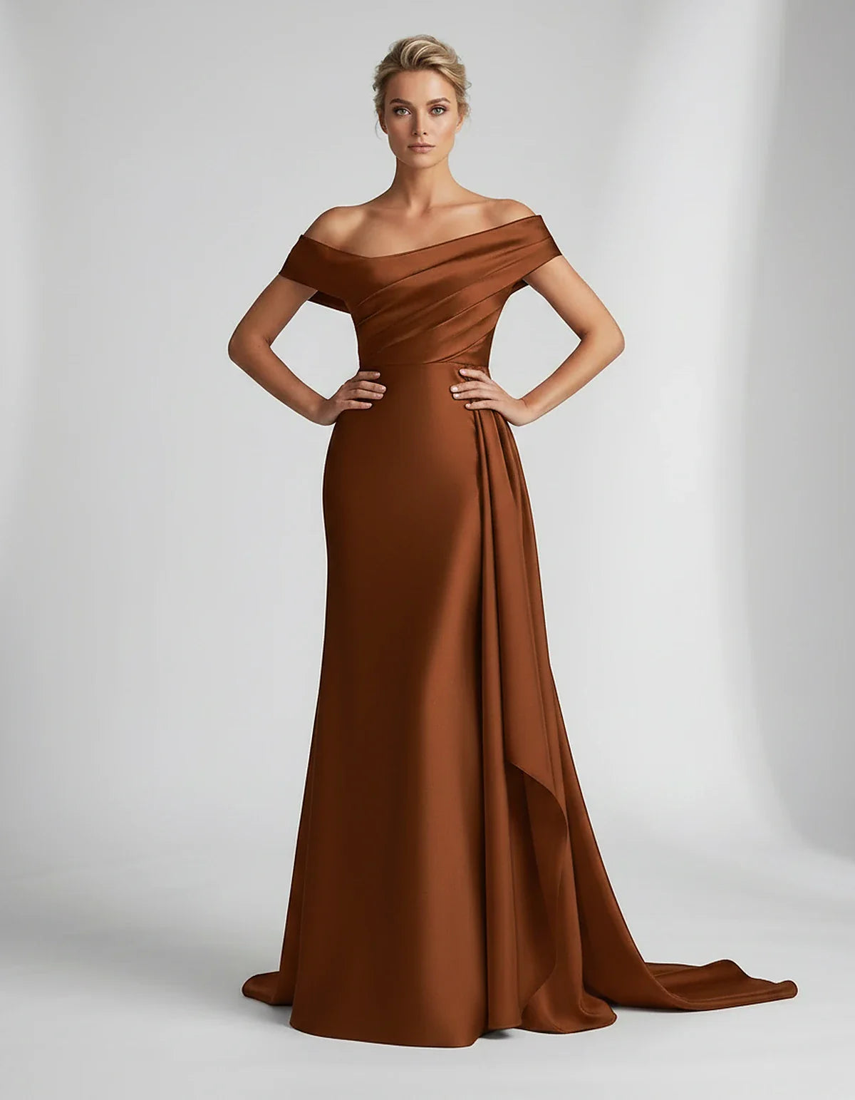 Teal,beige,green,pink,dusty Rose,dusty Blue,coral,blue,gold,lilac,black,plum,burgundy,red,fuchsia,brown Satin Mermaid V-Neck | SKU: VM-584920173641258-BROWN-L,VM-584920173641258-BROWN-M,VM-584920173641258-BROWN-S,VM-584920173641258-BROWN-XL,VM-584920173641258-BROWN-XS