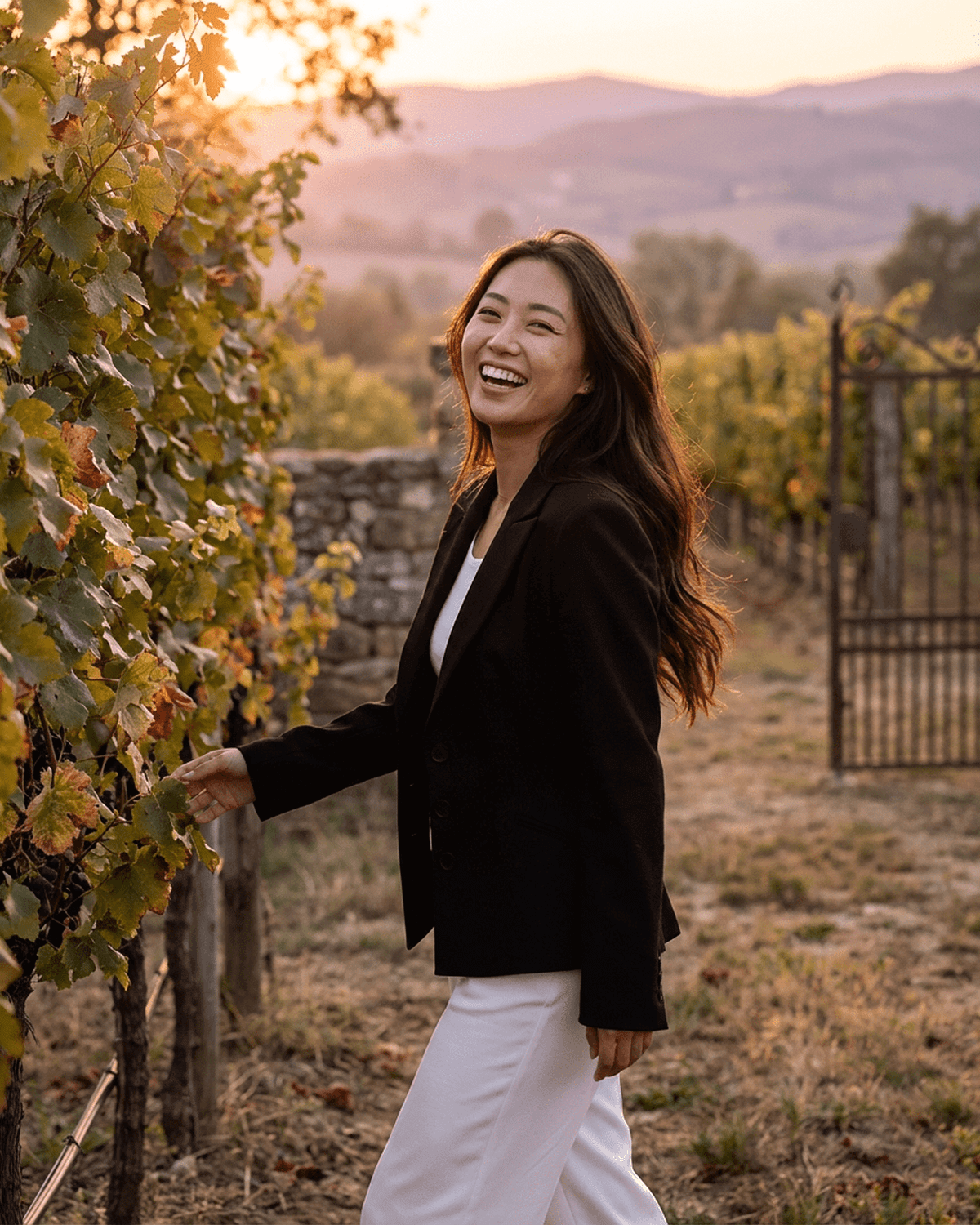 Woman wearing a Celeste Blazer in a vineyard, showcasing a fitted waist and V-neck tailored silhouette.