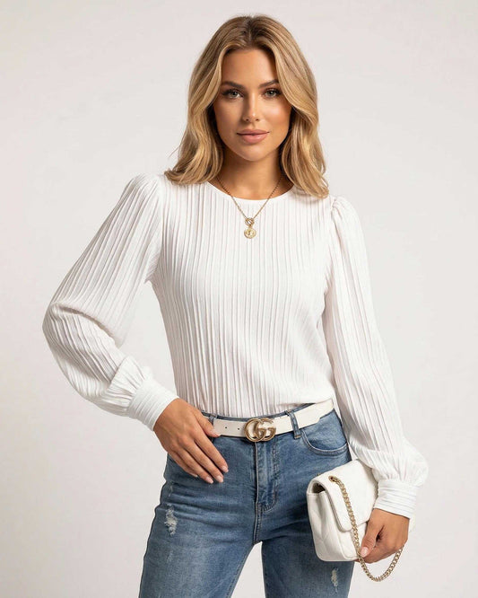 Celeste Blouse by Lauven - Elegant white pleated long sleeve top, perfect for a chic outfit.