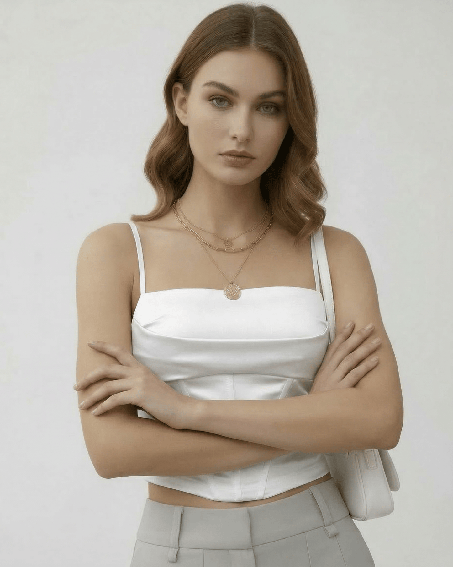 White Satin Round Neck Sleeveless Set, front view | Ramblion | SKU: CCT-17452-white-L-5395,CCT-17452-white-M-7617,CCT-17452-white-S-2795,CCT-17452-white-XL-8659,CCT-17452-white-XS-5952