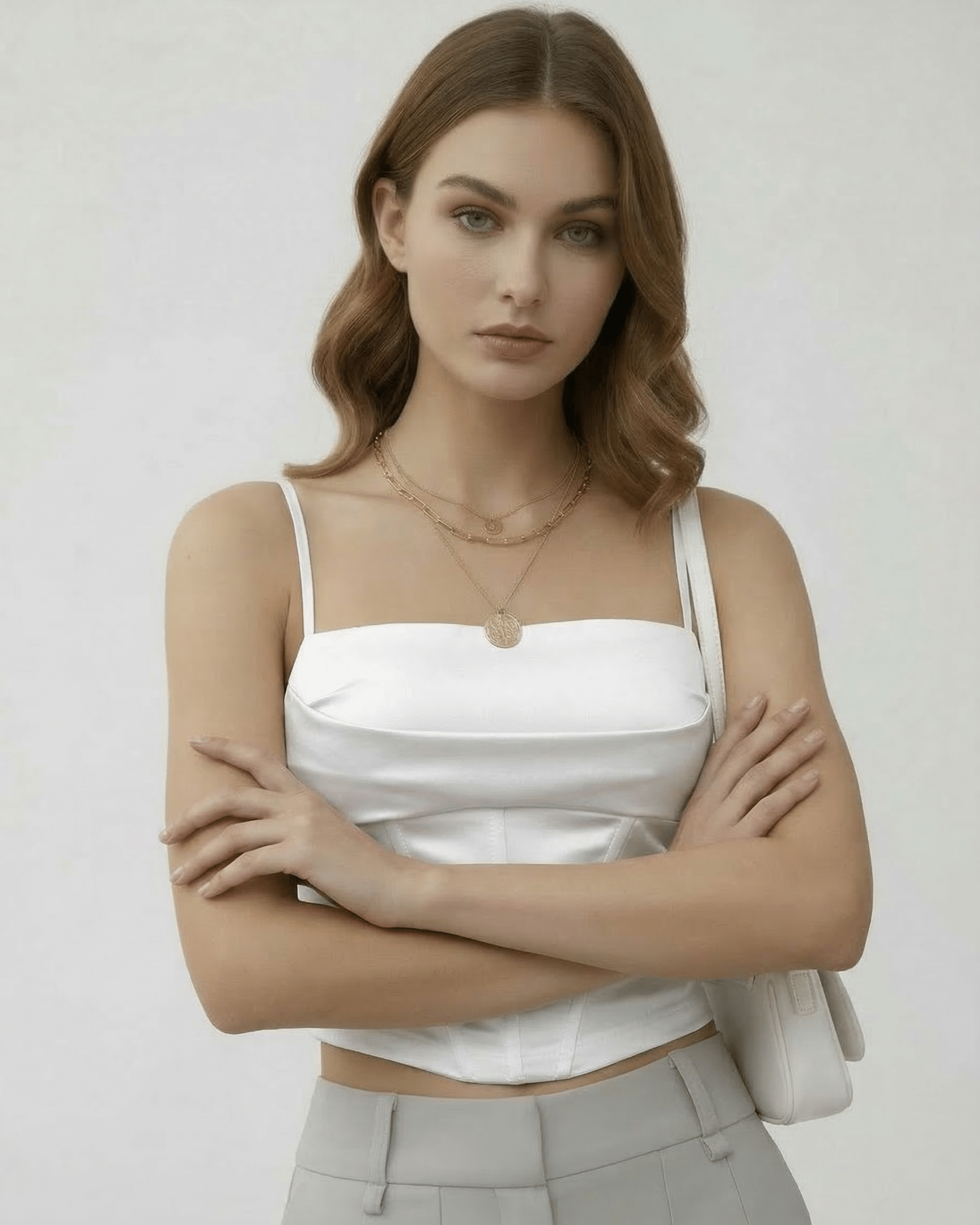 White Satin Round Neck Sleeveless Set, front view | Ramblion | SKU: CCT-17452-white-L-5395,CCT-17452-white-M-7617,CCT-17452-white-S-2795,CCT-17452-white-XL-8659,CCT-17452-white-XS-5952