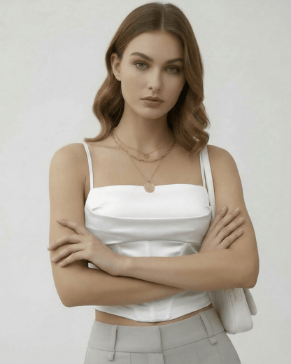 White Satin Round Neck Sleeveless Set, front view | Ramblion | SKU: CCT-17452-white-L-5395,CCT-17452-white-M-7617,CCT-17452-white-S-2795,CCT-17452-white-XL-8659,CCT-17452-white-XS-5952