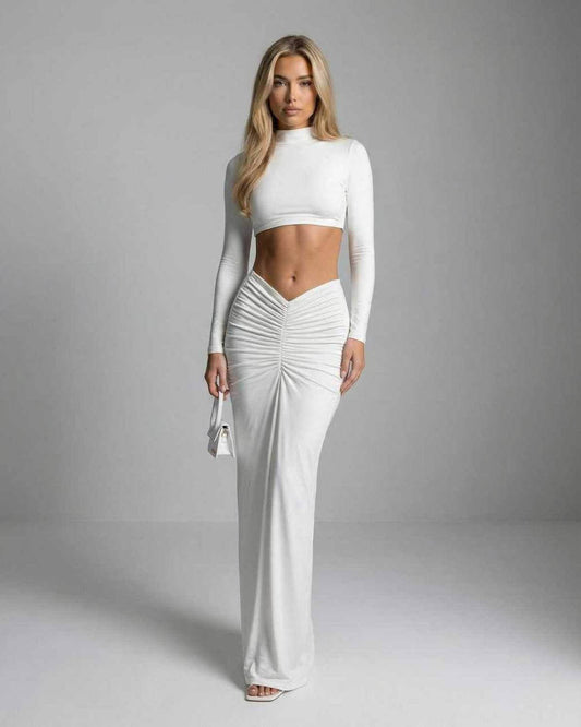 Celeste Maxi Dress by Lauven featuring sleek white ankle-length design with high half collar and subtle ruching.