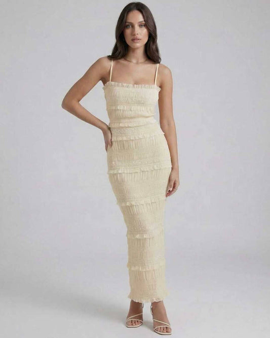 Celeste Maxi Dress by RAMBLION features a delicate sheath silhouette with spaghetti straps in soft ivory tone.