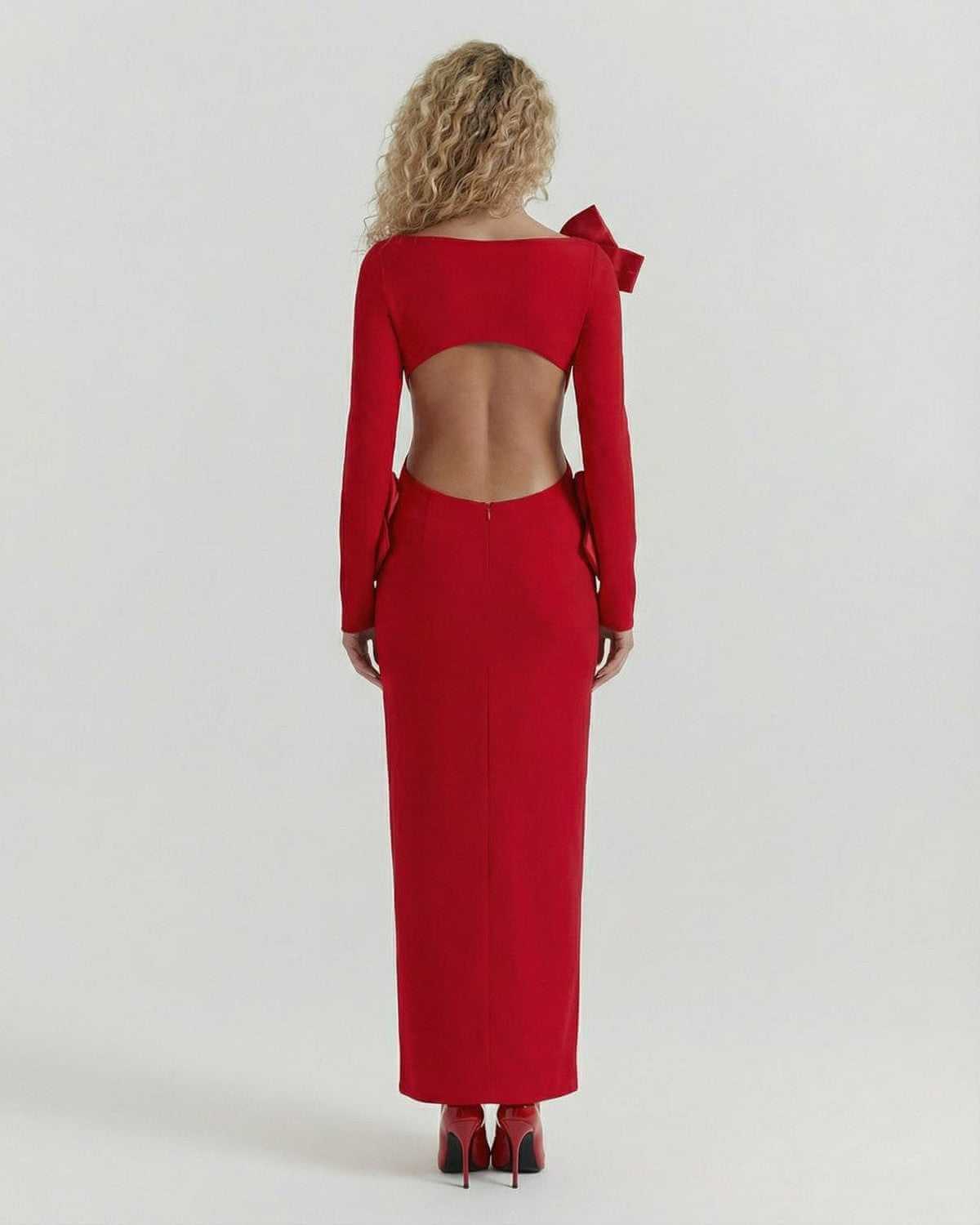 Elbe Maxi Dress by RAMBLION, elegant red ankle-length dress with open back, perfect for upscale occasions.
