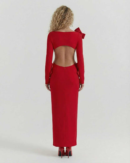 Elbe Maxi Dress by RAMBLION, elegant red ankle-length dress with open back, perfect for upscale occasions.