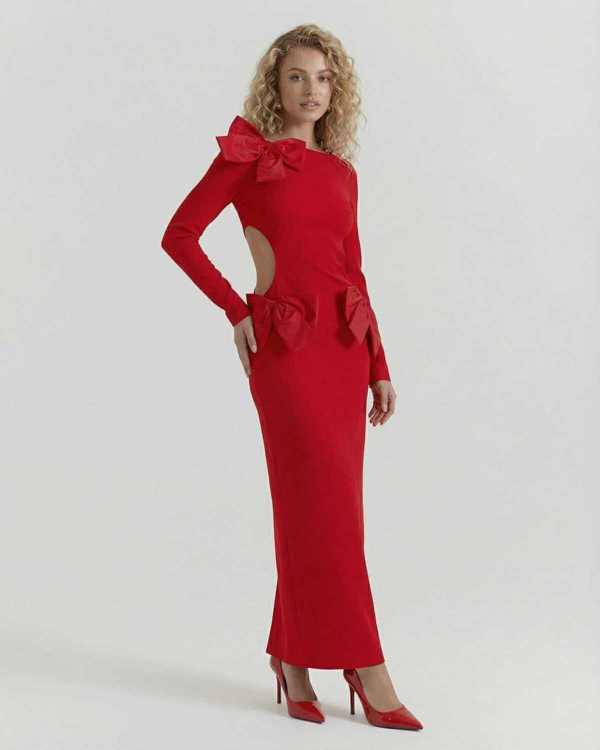 Elbe Maxi Dress by RAMBLION, stunning red ankle-length design with bows, perfect for upscale occasions.