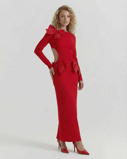 Elbe Maxi Dress by RAMBLION, stunning red ankle-length design with bows, perfect for upscale occasions.