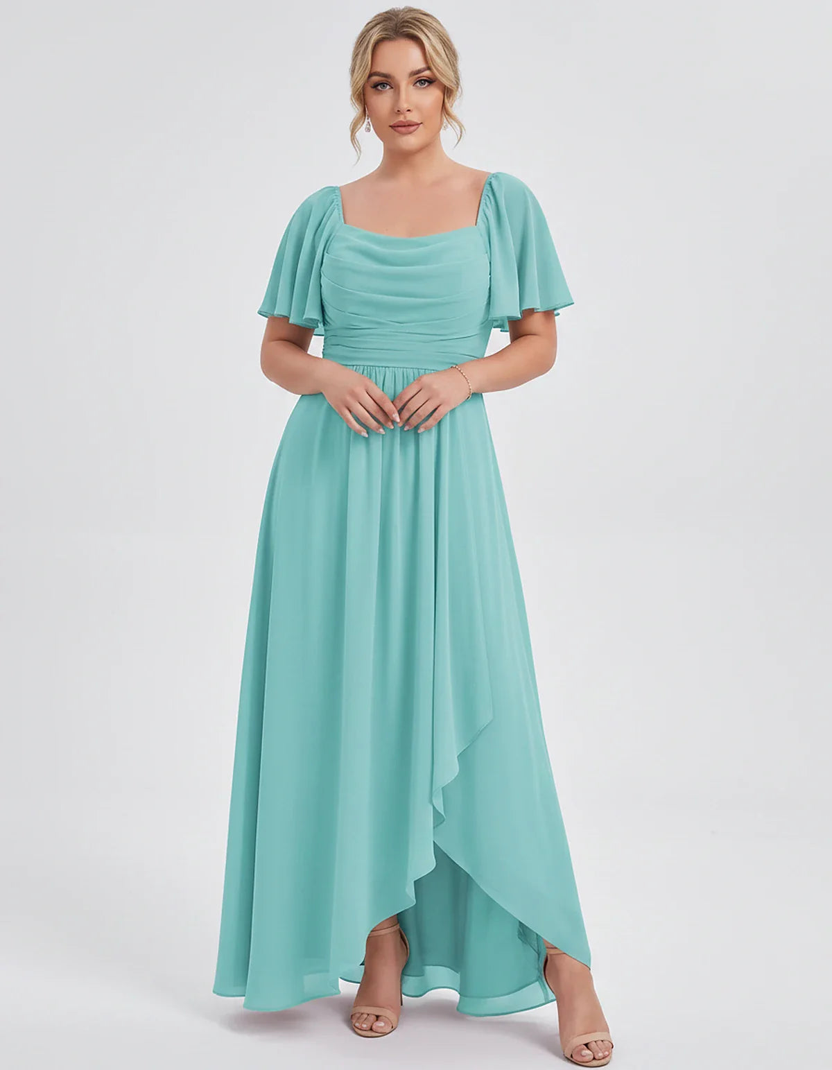 Chiffon Flutter Sleeve Square Neck A-Line Maxi Dress for Party, Cocktail, Evening, Wedding Guest, Summer Formal Events, front | SKU: CD-123456789012345-AQUA-L,CD-123456789012345-AQUA-M,CD-123456789012345-AQUA-S,CD-123456789012345-AQUA-XL,CD-123456789012345-AQUA-XS