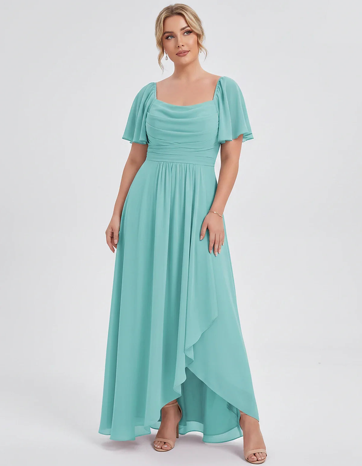 Chiffon Flutter Sleeve Square Neck A-Line Maxi Dress for Party, Cocktail, Evening, Wedding Guest, Summer Formal Events, front | SKU: CD-123456789012345-AQUA-L,CD-123456789012345-AQUA-M,CD-123456789012345-AQUA-S,CD-123456789012345-AQUA-XL,CD-123456789012345-AQUA-XS