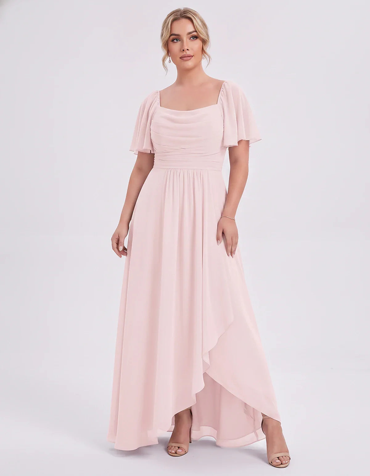 Chiffon Flutter Sleeve Square Neck A-Line Maxi Dress for Party, Cocktail, Evening, Wedding Guest, Summer Formal Events, front | SKU: CD-123456789012345-BLUSH-L,CD-123456789012345-BLUSH-M,CD-123456789012345-BLUSH-S,CD-123456789012345-BLUSH-XL,CD-123456789012345-BLUSH-XS