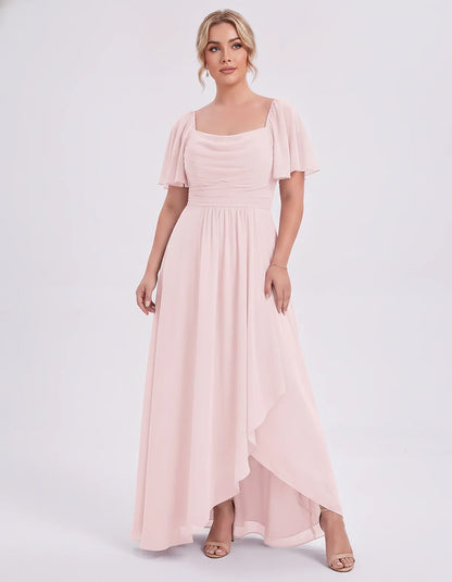Chiffon Flutter Sleeve Square Neck A-Line Maxi Dress for Party, Cocktail, Evening, Wedding Guest, Summer Formal Events, front | SKU: CD-123456789012345-BLUSH-L,CD-123456789012345-BLUSH-M,CD-123456789012345-BLUSH-S,CD-123456789012345-BLUSH-XL,CD-123456789012345-BLUSH-XS