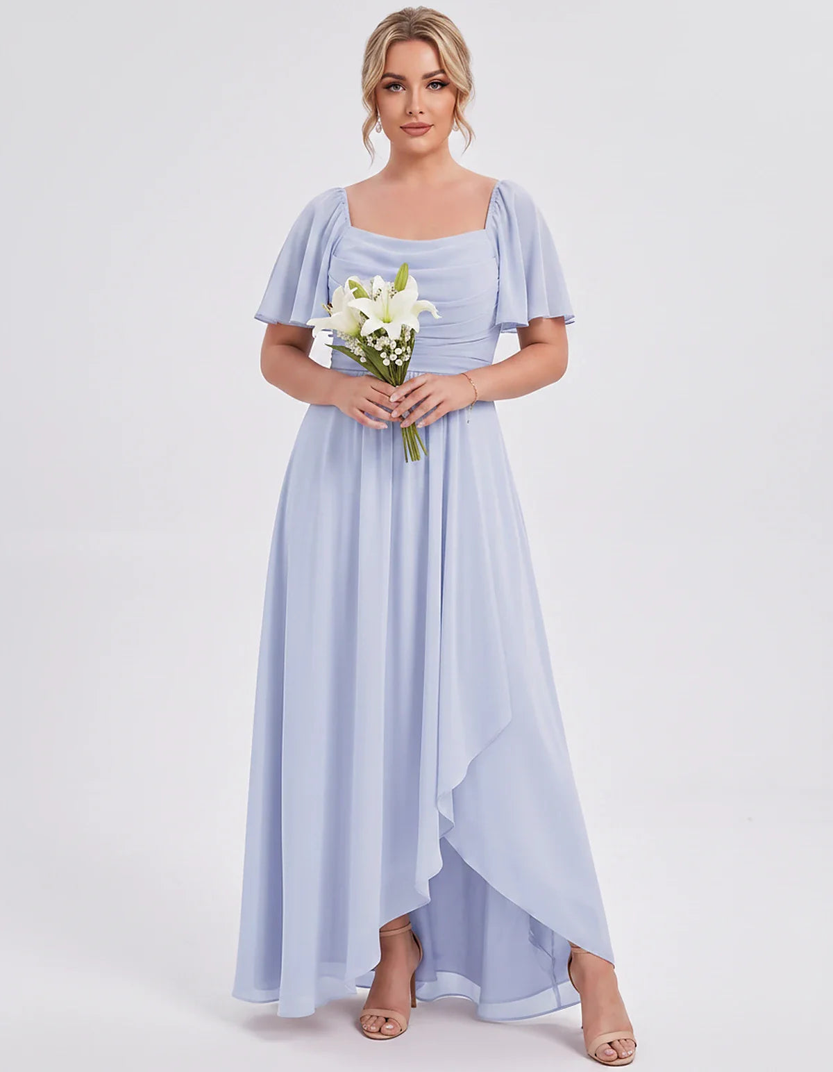 Chiffon Flutter Sleeve Square Neck A-Line Maxi Dress for Party, Cocktail, Evening, Wedding Guest, Summer Formal Events, front | SKU: CD-123456789012345-LAVENDER-L,CD-123456789012345-LAVENDER-M,CD-123456789012345-LAVENDER-S,CD-123456789012345-LAVENDER-XL,CD-123456789012345-LAVENDER-XS