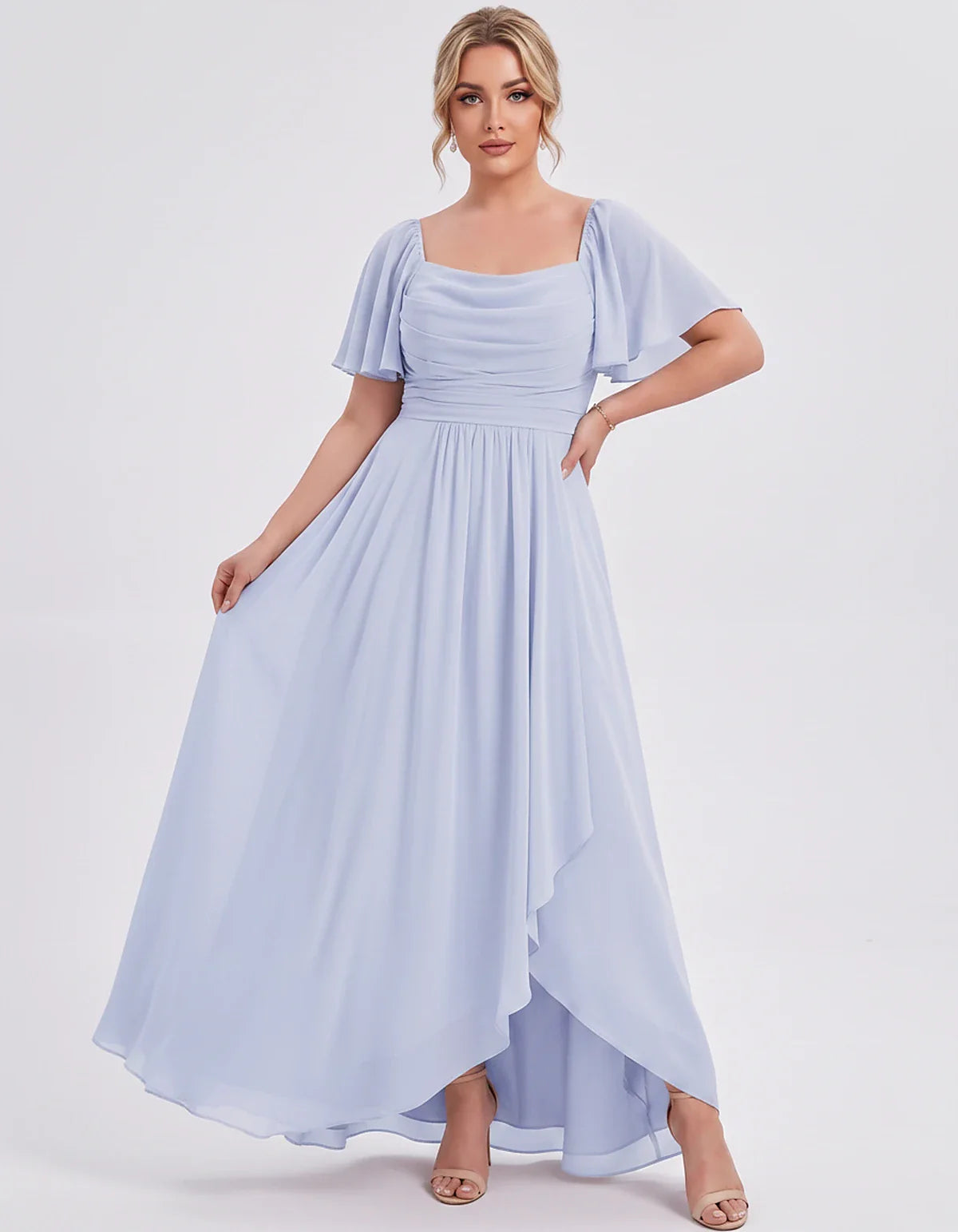 Chiffon Flutter Sleeve Square Neck A-Line Maxi Dress for Party, Cocktail, Evening, Wedding Guest, Summer Formal Events, front | SKU: CD-123456789012345-LAVENDER-L,CD-123456789012345-LAVENDER-M,CD-123456789012345-LAVENDER-S,CD-123456789012345-LAVENDER-XL,CD-123456789012345-LAVENDER-XS