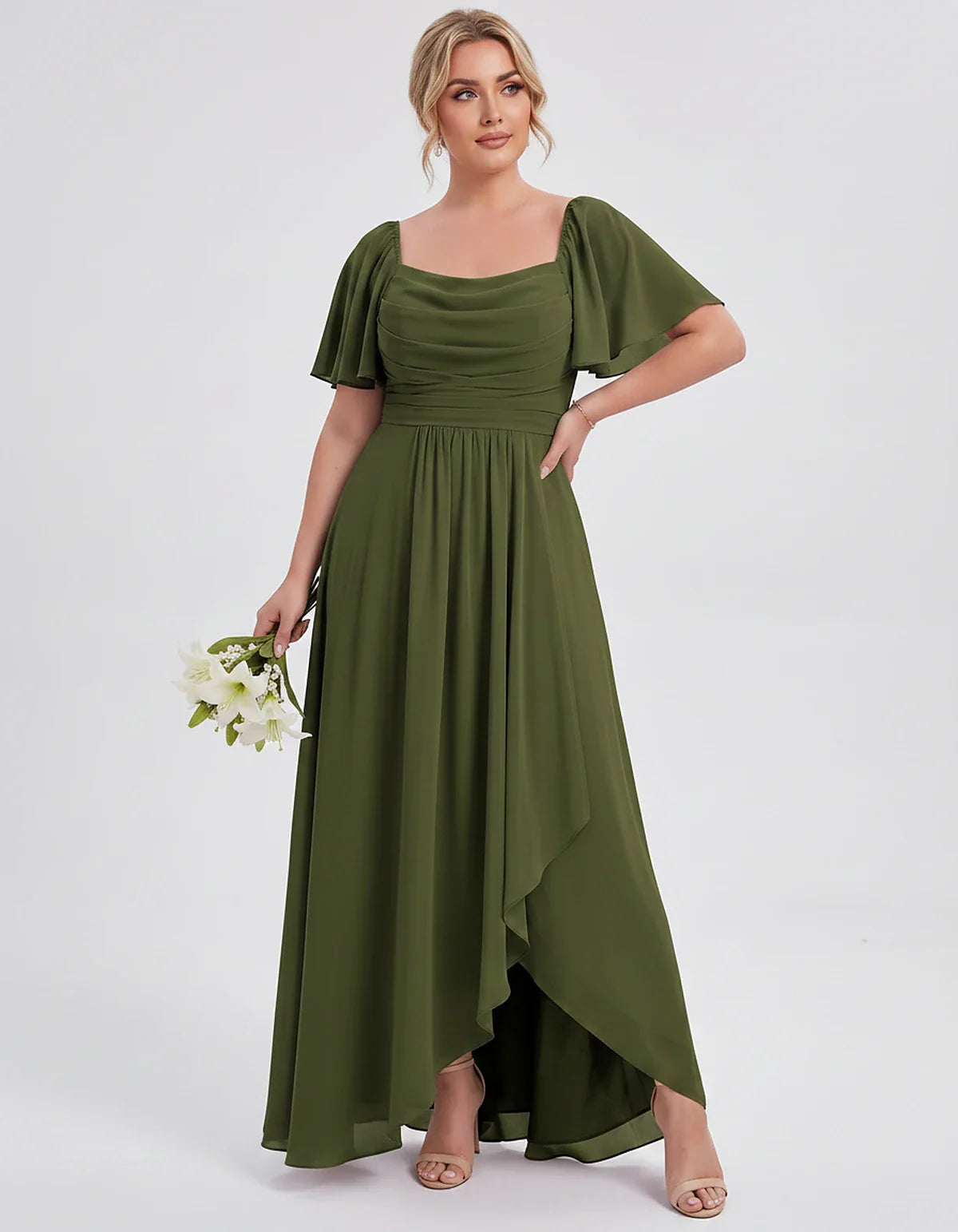 Chiffon Flutter Sleeve Square Neck A-Line Maxi Dress for Party, Cocktail, Evening, Wedding Guest, Summer Formal Events, front | SKU: CD-123456789012345-OLIVE-L,CD-123456789012345-OLIVE-M,CD-123456789012345-OLIVE-S,CD-123456789012345-OLIVE-XL,CD-123456789012345-OLIVE-XS