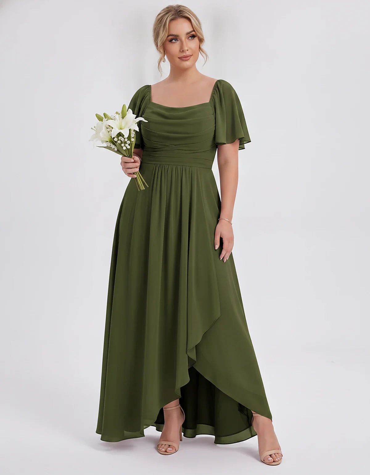 Chiffon Flutter Sleeve Square Neck A-Line Maxi Dress for Party, Cocktail, Evening, Wedding Guest, Summer Formal Events, front | SKU: CD-123456789012345-OLIVE-L,CD-123456789012345-OLIVE-M,CD-123456789012345-OLIVE-S,CD-123456789012345-OLIVE-XL,CD-123456789012345-OLIVE-XS