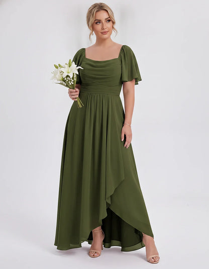 Chiffon Flutter Sleeve Square Neck A-Line Maxi Dress for Party, Cocktail, Evening, Wedding Guest, Summer Formal Events, front | SKU: CD-123456789012345-OLIVE-L,CD-123456789012345-OLIVE-M,CD-123456789012345-OLIVE-S,CD-123456789012345-OLIVE-XL,CD-123456789012345-OLIVE-XS