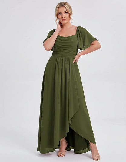 Chiffon Flutter Sleeve Square Neck A-Line Maxi Dress for Party, Cocktail, Evening, Wedding Guest, Summer Formal Events, front | SKU: CD-123456789012345-OLIVE-L,CD-123456789012345-OLIVE-M,CD-123456789012345-OLIVE-S,CD-123456789012345-OLIVE-XL,CD-123456789012345-OLIVE-XS
