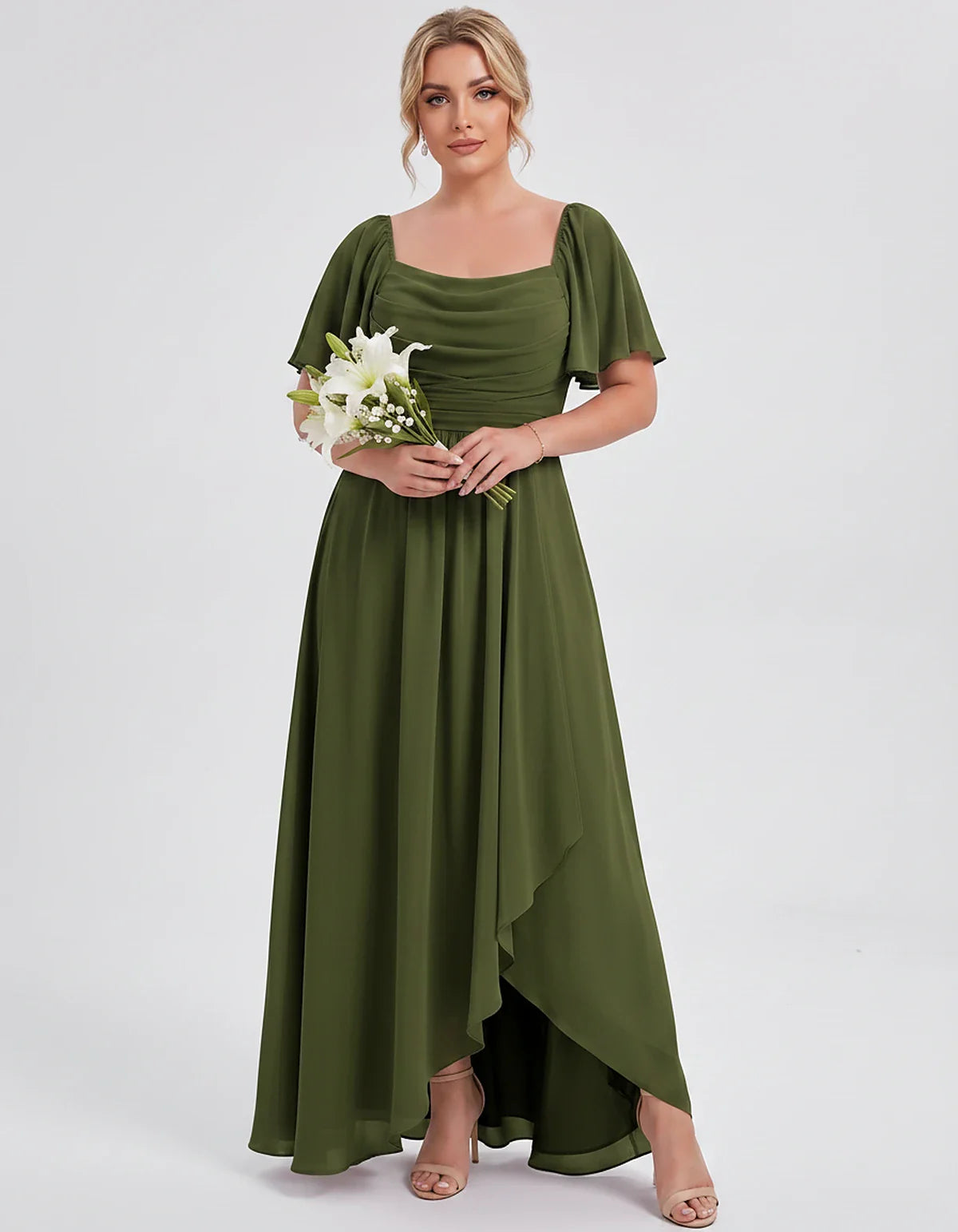 Chiffon Flutter Sleeve Square Neck A-Line Maxi Dress for Party, Cocktail, Evening, Wedding Guest, Summer Formal Events, front | SKU: CD-123456789012345-OLIVE-L,CD-123456789012345-OLIVE-M,CD-123456789012345-OLIVE-S,CD-123456789012345-OLIVE-XL,CD-123456789012345-OLIVE-XS