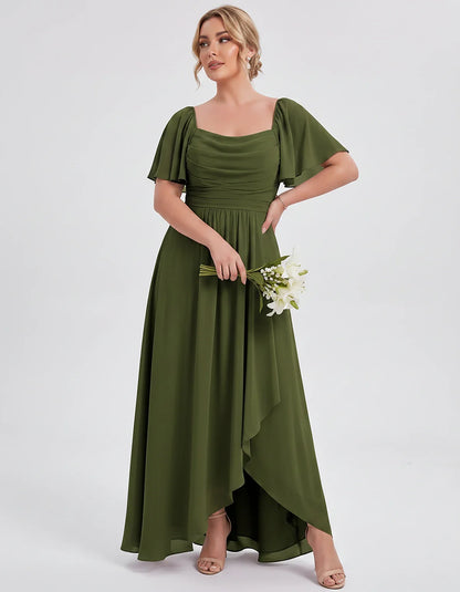 Chiffon Flutter Sleeve Square Neck A-Line Maxi Dress for Party, Cocktail, Evening, Wedding Guest, Summer Formal Events, front | SKU: CD-123456789012345-OLIVE-L,CD-123456789012345-OLIVE-M,CD-123456789012345-OLIVE-S,CD-123456789012345-OLIVE-XL,CD-123456789012345-OLIVE-XS