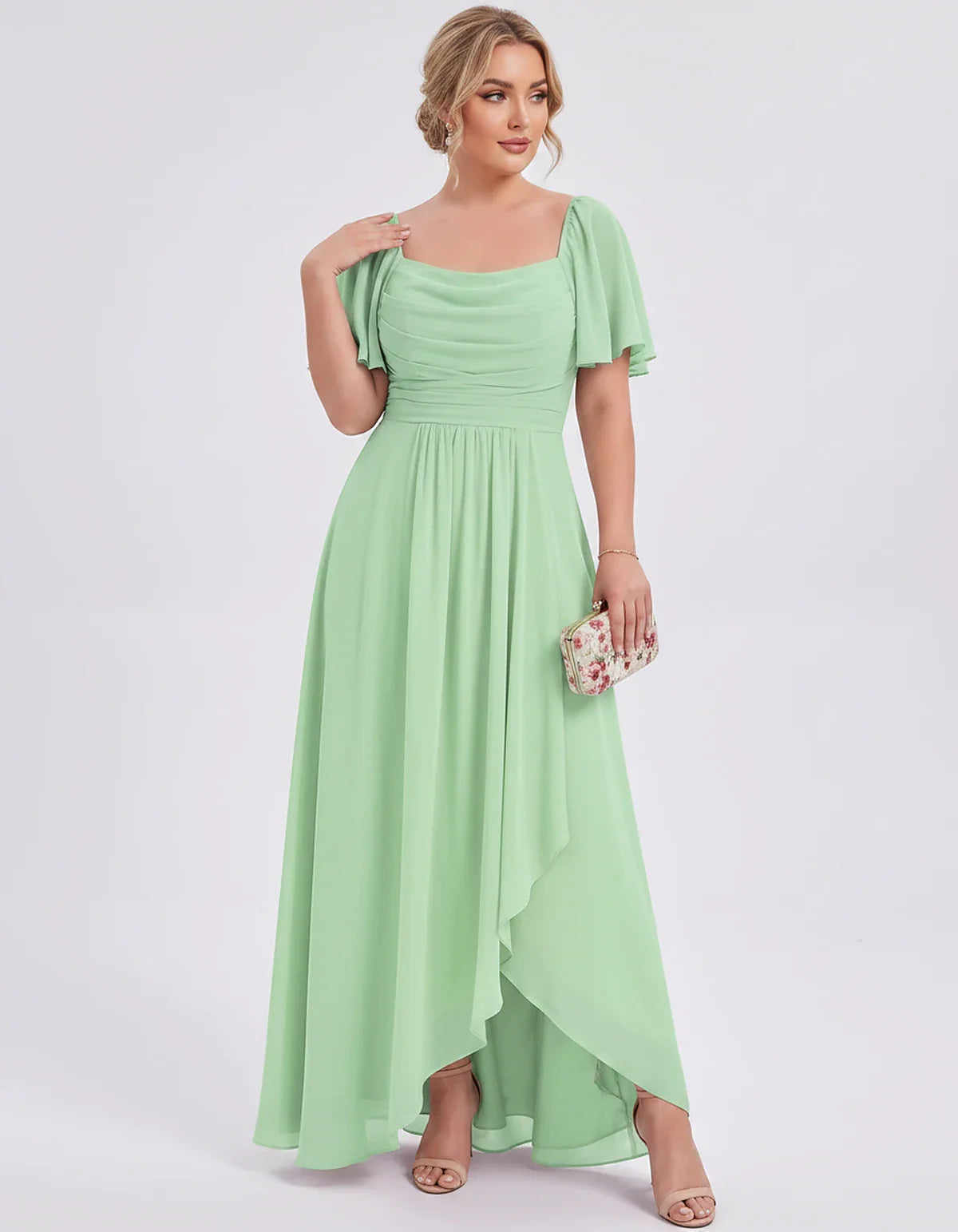 Chiffon Flutter Sleeve Square Neck A-Line Maxi Dress for Party, Cocktail, Evening, Wedding Guest, Summer Formal Events, front | SKU: CD-123456789012345-MINT-L,CD-123456789012345-MINT-M,CD-123456789012345-MINT-S,CD-123456789012345-MINT-XL,CD-123456789012345-MINT-XS