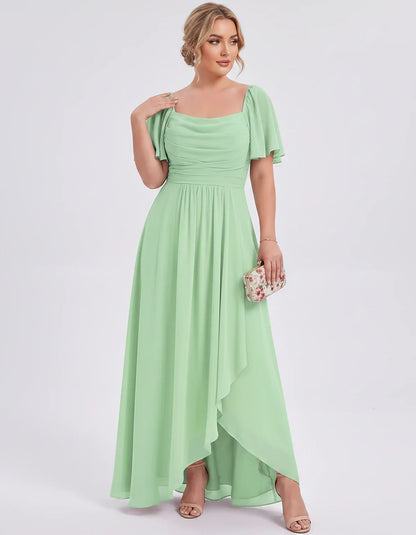 Chiffon Flutter Sleeve Square Neck A-Line Maxi Dress for Party, Cocktail, Evening, Wedding Guest, Summer Formal Events, front | SKU: CD-123456789012345-MINT-L,CD-123456789012345-MINT-M,CD-123456789012345-MINT-S,CD-123456789012345-MINT-XL,CD-123456789012345-MINT-XS