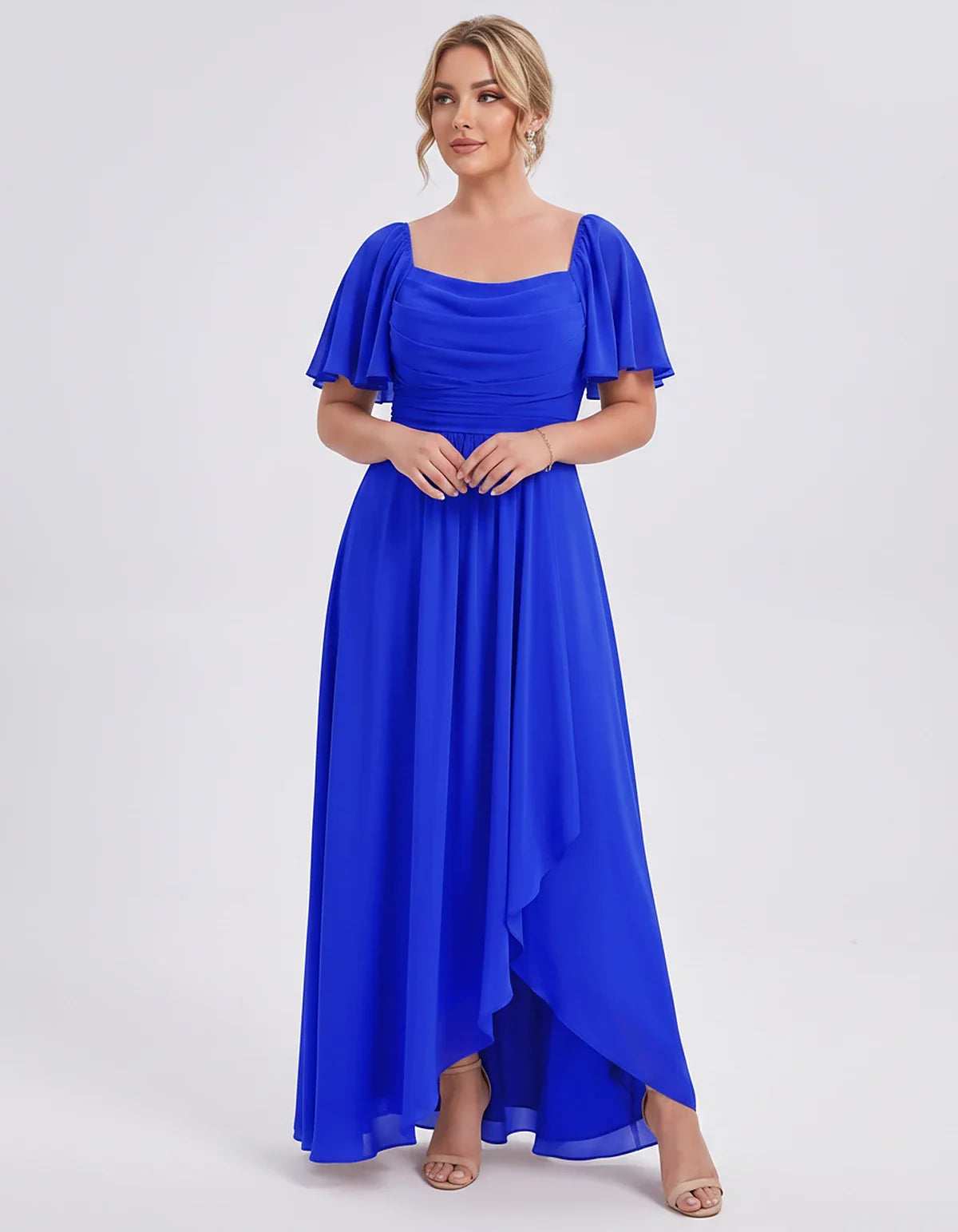 Chiffon Flutter Sleeve Square Neck A-Line Maxi Dress for Party, Cocktail, Evening, Wedding Guest, Summer Formal Events, front | SKU: CD-123456789012345-BLUE-L,CD-123456789012345-BLUE-M,CD-123456789012345-BLUE-S,CD-123456789012345-BLUE-XL,CD-123456789012345-BLUE-XS