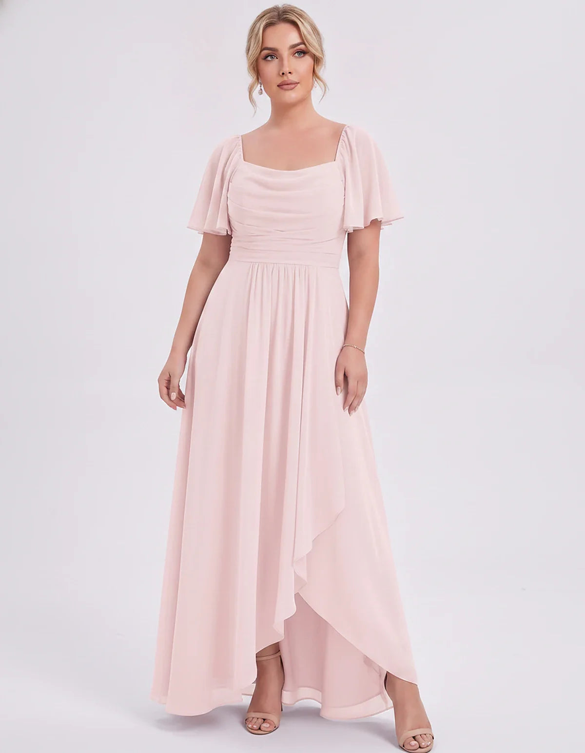 Chiffon Flutter Sleeve Square Neck A-Line Maxi Dress for Party, Cocktail, Evening, Wedding Guest, Summer Formal Events, front | SKU: CD-123456789012345-BLUSH-L,CD-123456789012345-BLUSH-M,CD-123456789012345-BLUSH-S,CD-123456789012345-BLUSH-XL,CD-123456789012345-BLUSH-XS