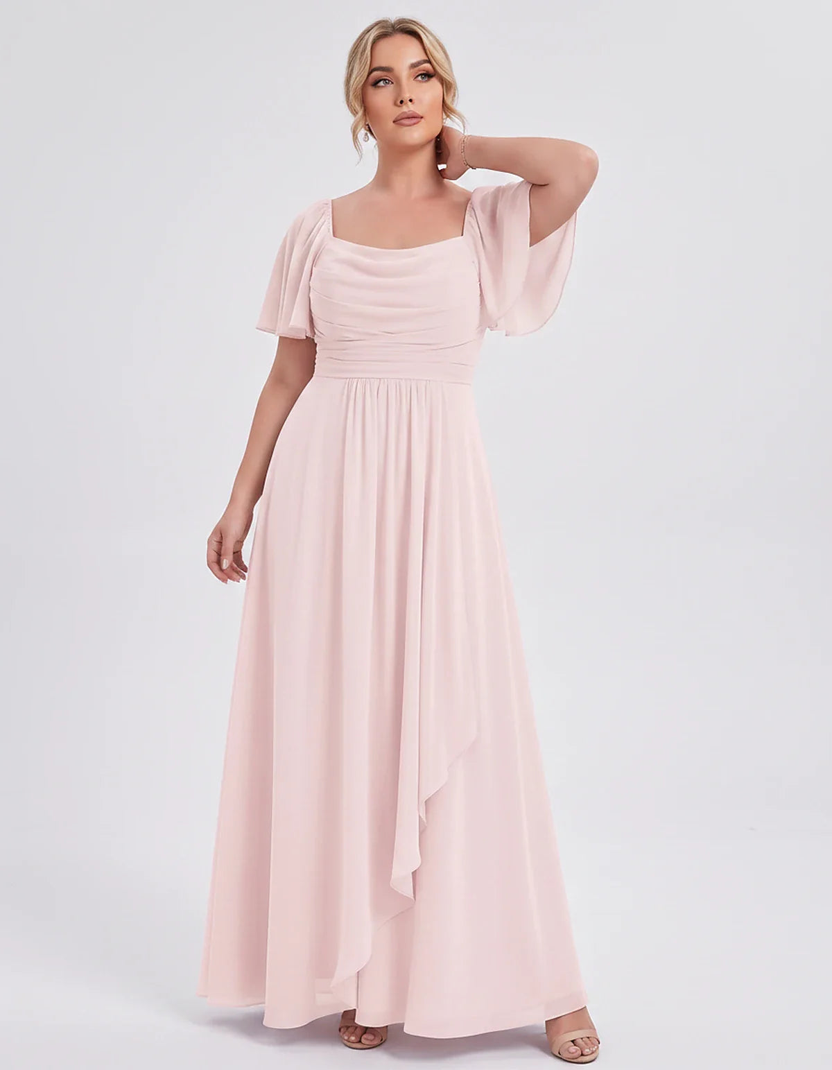 Chiffon Flutter Sleeve Square Neck A-Line Maxi Dress for Party, Cocktail, Evening, Wedding Guest, Summer Formal Events, front | SKU: CD-123456789012345-BLUSH-L,CD-123456789012345-BLUSH-M,CD-123456789012345-BLUSH-S,CD-123456789012345-BLUSH-XL,CD-123456789012345-BLUSH-XS
