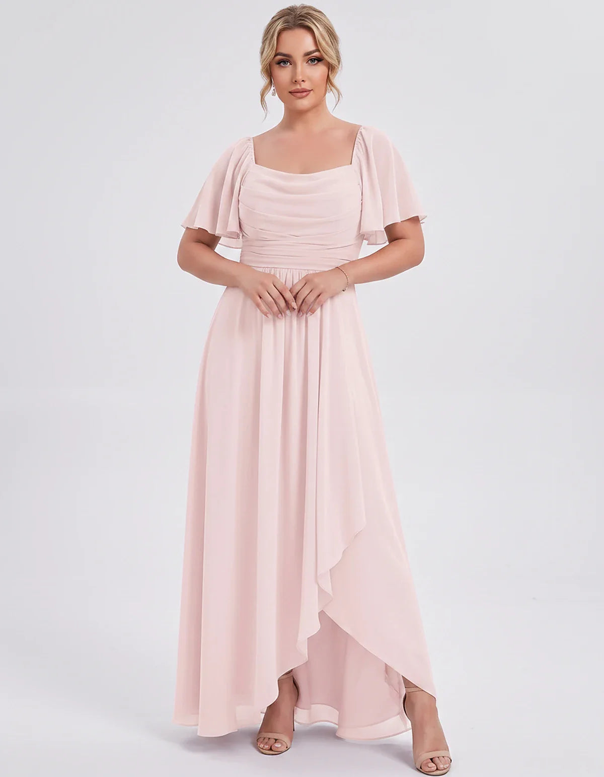 Chiffon Flutter Sleeve Square Neck A-Line Maxi Dress for Party, Cocktail, Evening, Wedding Guest, Summer Formal Events, front | SKU: CD-123456789012345-BLUSH-L,CD-123456789012345-BLUSH-M,CD-123456789012345-BLUSH-S,CD-123456789012345-BLUSH-XL,CD-123456789012345-BLUSH-XS
