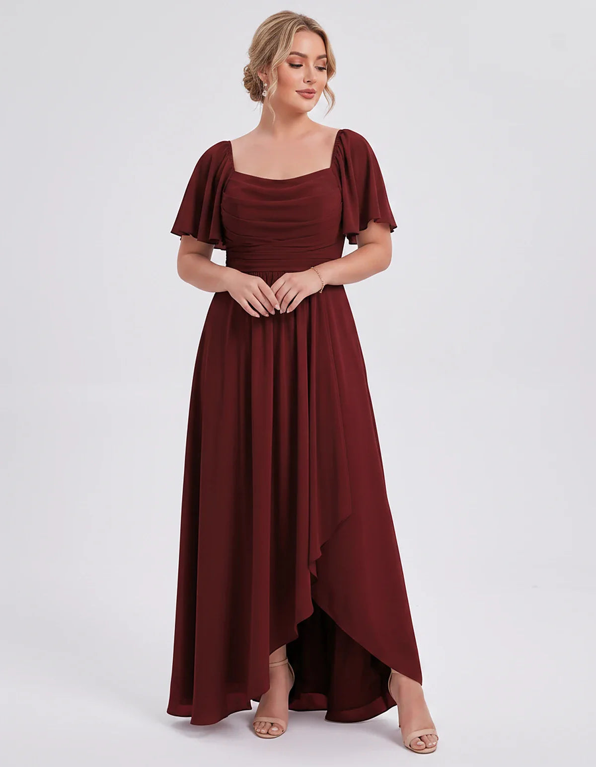 Chiffon Flutter Sleeve Square Neck A-Line Maxi Dress for Party, Cocktail, Evening, Wedding Guest, Summer Formal Events, front | SKU: CD-123456789012345-BURGUNDY-L,CD-123456789012345-BURGUNDY-M,CD-123456789012345-BURGUNDY-S,CD-123456789012345-BURGUNDY-XL,CD-123456789012345-BURGUNDY-XS