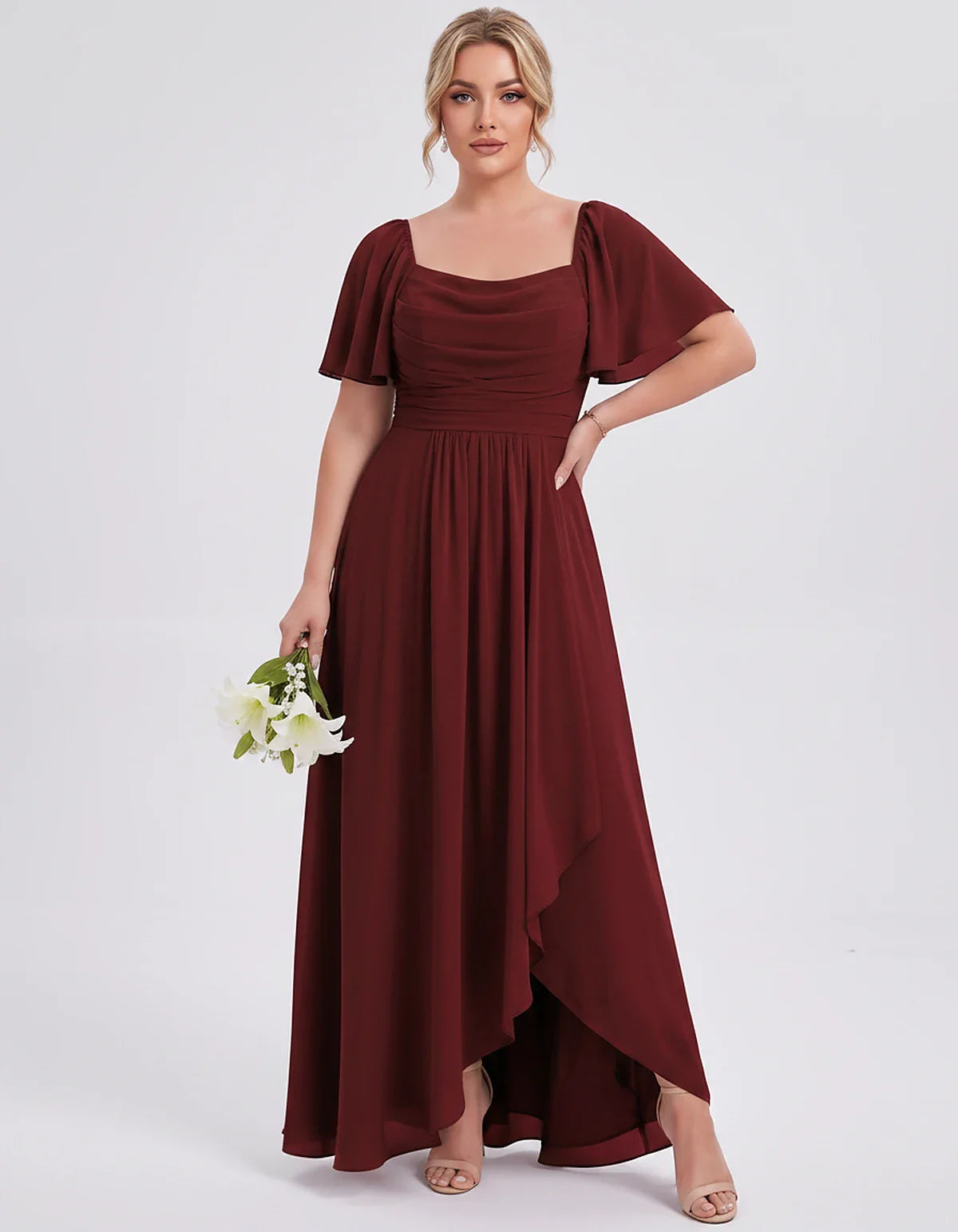 Chiffon Flutter Sleeve Square Neck A-Line Maxi Dress for Party, Cocktail, Evening, Wedding Guest, Summer Formal Events, front | SKU: CD-123456789012345-BURGUNDY-L,CD-123456789012345-BURGUNDY-M,CD-123456789012345-BURGUNDY-S,CD-123456789012345-BURGUNDY-XL,CD-123456789012345-BURGUNDY-XS