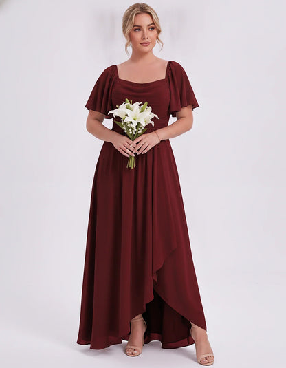 Chiffon Flutter Sleeve Square Neck A-Line Maxi Dress for Party, Cocktail, Evening, Wedding Guest, Summer Formal Events, front | SKU: CD-123456789012345-BURGUNDY-L,CD-123456789012345-BURGUNDY-M,CD-123456789012345-BURGUNDY-S,CD-123456789012345-BURGUNDY-XL,CD-123456789012345-BURGUNDY-XS
