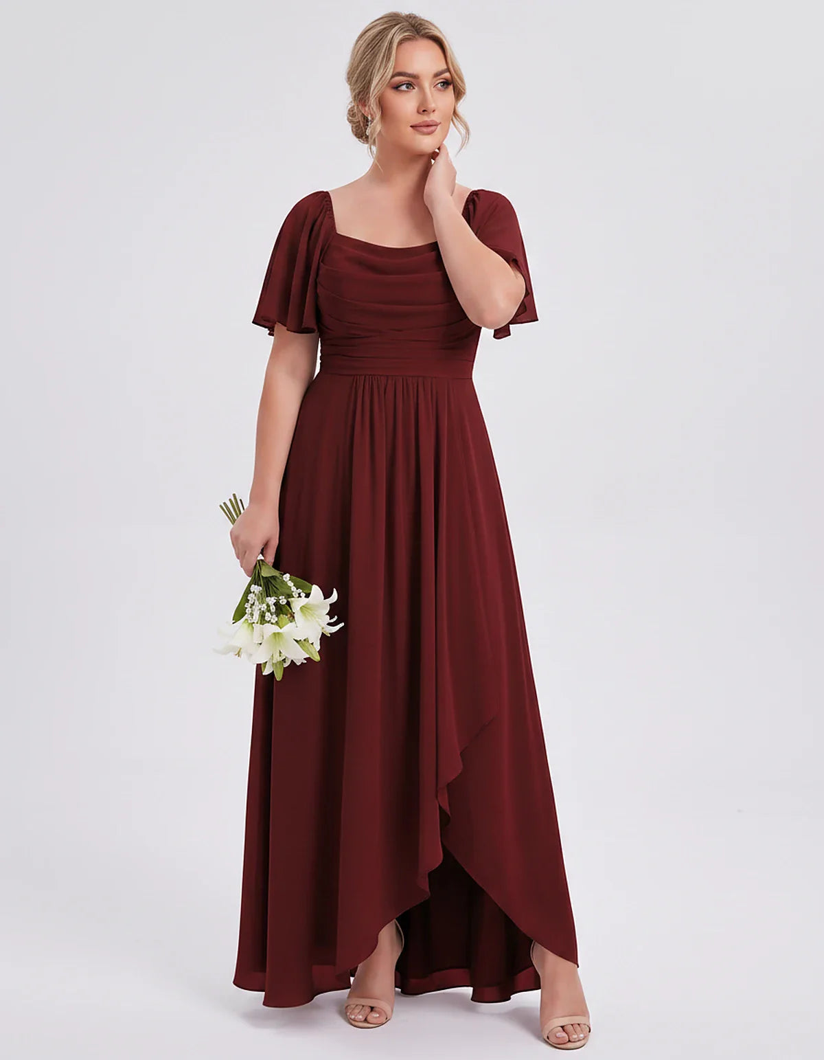 Chiffon Flutter Sleeve Square Neck A-Line Maxi Dress for Party, Cocktail, Evening, Wedding Guest, Summer Formal Events, front | SKU: CD-123456789012345-BURGUNDY-L,CD-123456789012345-BURGUNDY-M,CD-123456789012345-BURGUNDY-S,CD-123456789012345-BURGUNDY-XL,CD-123456789012345-BURGUNDY-XS