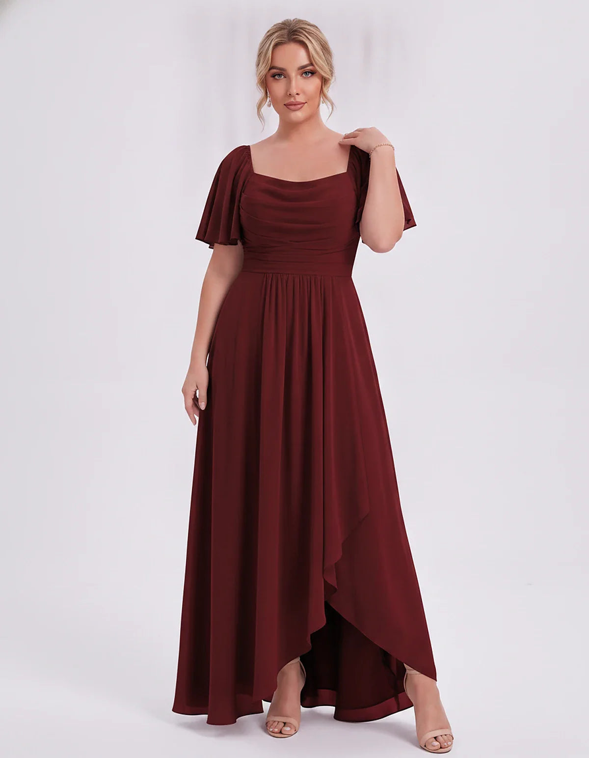 Chiffon Flutter Sleeve Square Neck A-Line Maxi Dress for Party, Cocktail, Evening, Wedding Guest, Summer Formal Events, front | SKU: CD-123456789012345-BURGUNDY-L,CD-123456789012345-BURGUNDY-M,CD-123456789012345-BURGUNDY-S,CD-123456789012345-BURGUNDY-XL,CD-123456789012345-BURGUNDY-XS