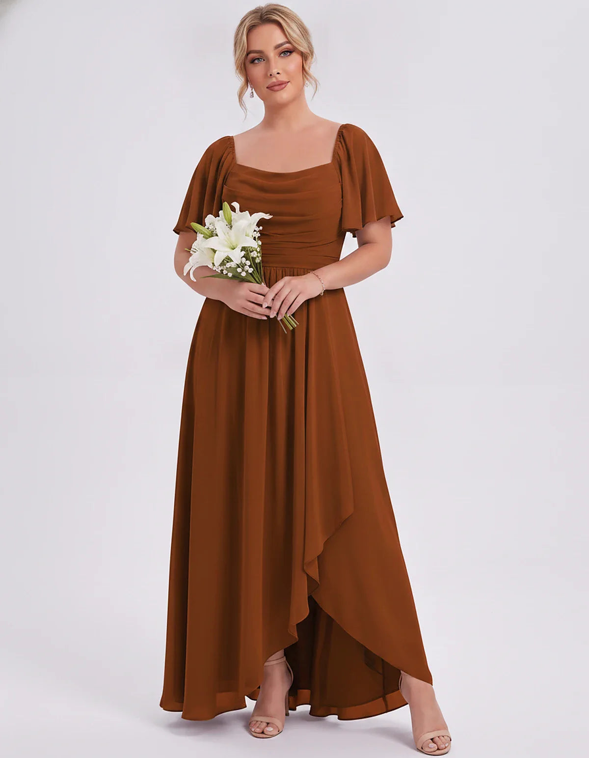 Chiffon Flutter Sleeve Square Neck A-Line Maxi Dress for Party, Cocktail, Evening, Wedding Guest, Summer Formal Events, front | SKU: CD-123456789012345-BURNTORANGE-L,CD-123456789012345-BURNTORANGE-M,CD-123456789012345-BURNTORANGE-S,CD-123456789012345-BURNTORANGE-XL,CD-123456789012345-BURNTORANGE-XS