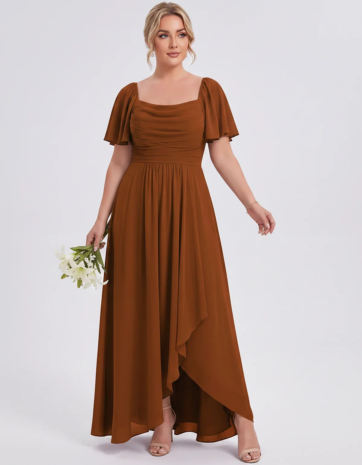 Chiffon Flutter Sleeve Square Neck A-Line Maxi Dress for Party, Cocktail, Evening, Wedding Guest, Summer Formal Events, front | SKU: CD-123456789012345-BURNTORANGE-L,CD-123456789012345-BURNTORANGE-M,CD-123456789012345-BURNTORANGE-S,CD-123456789012345-BURNTORANGE-XL,CD-123456789012345-BURNTORANGE-XS