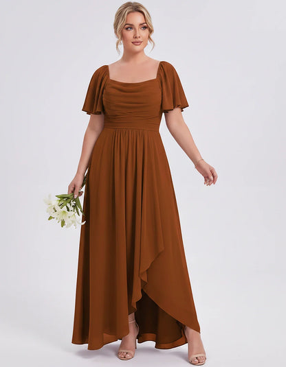 Chiffon Flutter Sleeve Square Neck A-Line Maxi Dress for Party, Cocktail, Evening, Wedding Guest, Summer Formal Events, front | SKU: CD-123456789012345-BURNTORANGE-L,CD-123456789012345-BURNTORANGE-M,CD-123456789012345-BURNTORANGE-S,CD-123456789012345-BURNTORANGE-XL,CD-123456789012345-BURNTORANGE-XS
